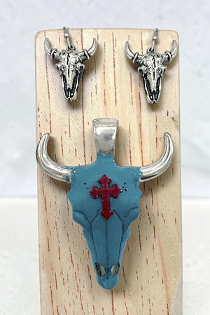 CROSS ACCENT BULL SKULL PENDANT AND EARRING SET
