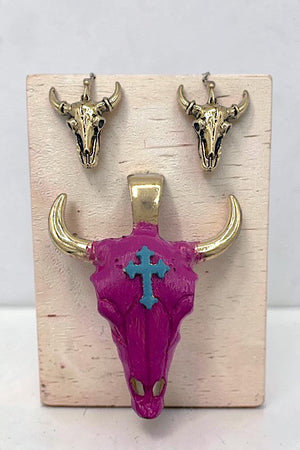 CROSS ACCENT BULL SKULL PENDANT AND EARRING SET