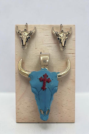CROSS ACCENT BULL SKULL PENDANT AND EARRING SET