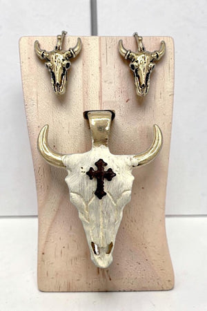 CROSS ACCENT BULL SKULL PENDANT AND EARRING SET