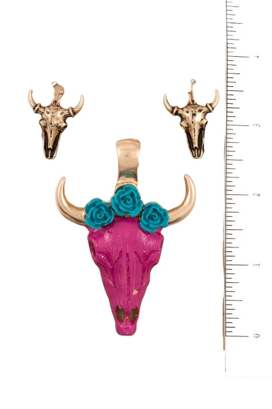 Rose Accent Bull Head Pendant and Earring Set