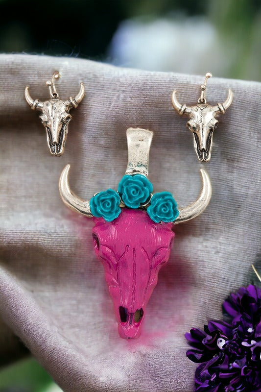 Rose Accent Bull Head Pendant and Earring Set