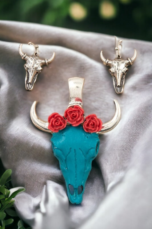 Rose Accent Bull Head Pendant and Earring Set