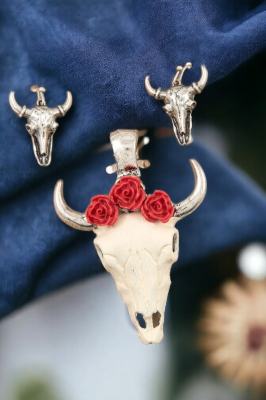 Rose Accent Bull Head Pendant and Earring Set