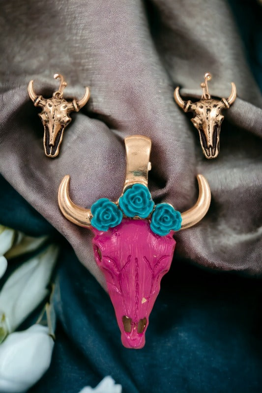 Rose Accent Bull Head Pendant and Earring Set