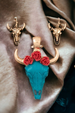 Rose Accent Bull Head Pendant and Earring Set