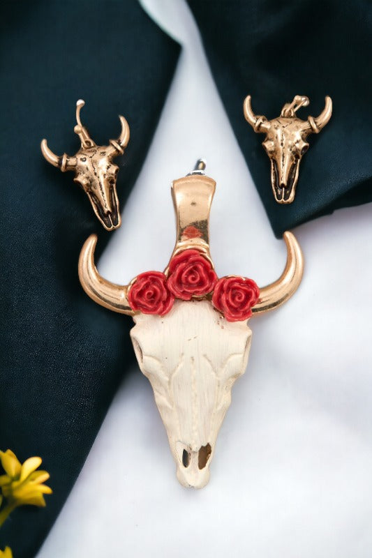 Rose Accent Bull Head Pendant and Earring Set