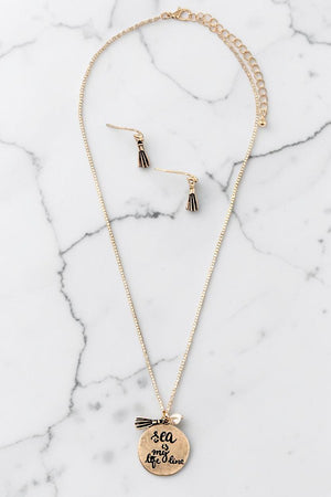 SEA IS MY LIFE LINE DISK PEARL ACCENT PENDANT NECKLACE AND MATCHING EARRING