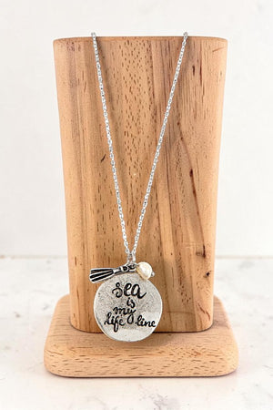 SEA IS MY LIFE LINE DISK PEARL ACCENT PENDANT NECKLACE AND MATCHING EARRING