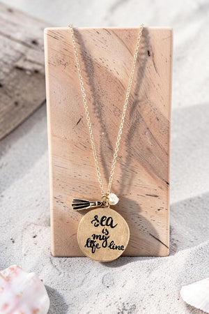 SEA IS MY LIFE LINE DISK PEARL ACCENT PENDANT NECKLACE AND MATCHING EARRING