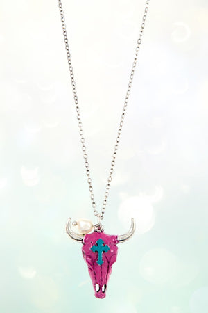CROSS ETCHED BULL'S HEAD PENDANT NECKLACE EARRING SET