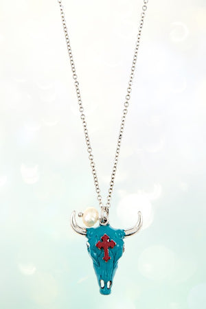 CROSS ETCHED BULL'S HEAD PENDANT NECKLACE EARRING SET
