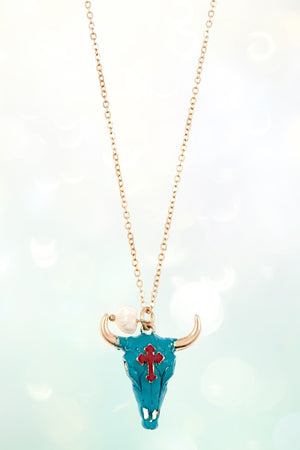 CROSS ETCHED BULL'S HEAD PENDANT NECKLACE EARRING SET