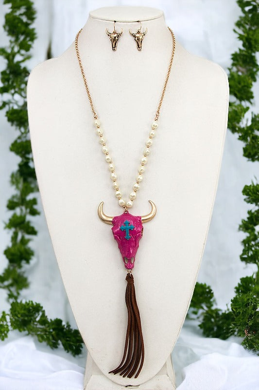 Gem Bull Head Pendant Tassel Necklace Set