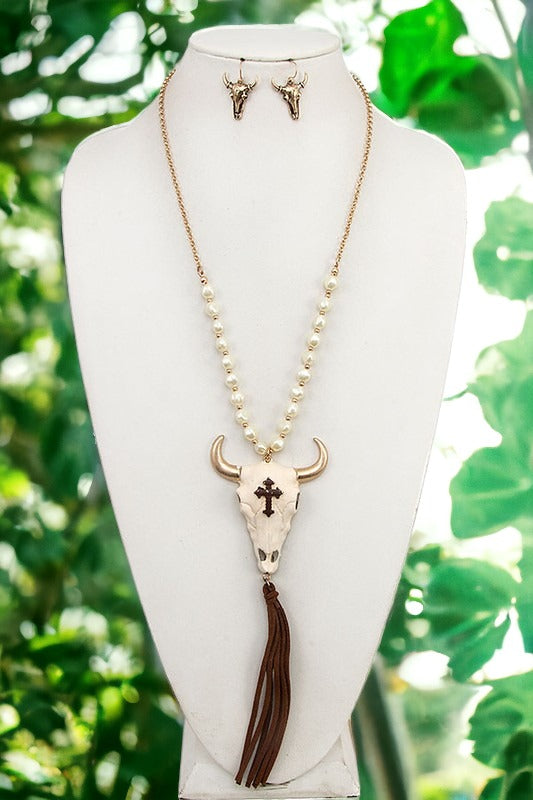 Gem Bull Head Pendant Tassel Necklace Set