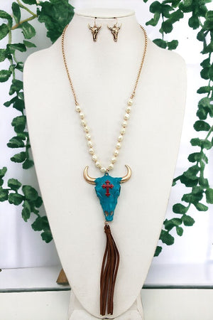 Gem Bull Head Pendant Tassel Necklace Set