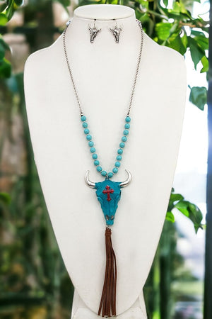 Gem Bull Head Pendant Tassel Necklace Set