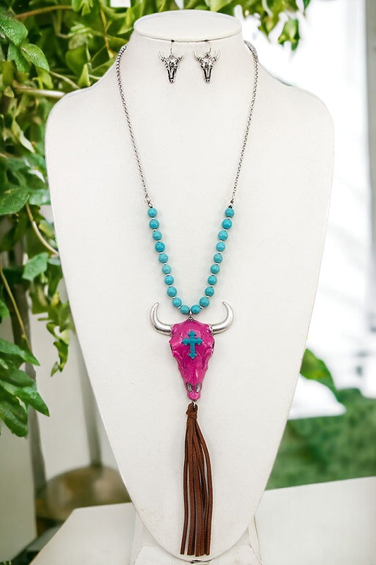 Gem Bull Head Pendant Tassel Necklace Set