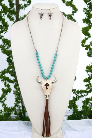 Gem Bull Head Pendant Tassel Necklace Set