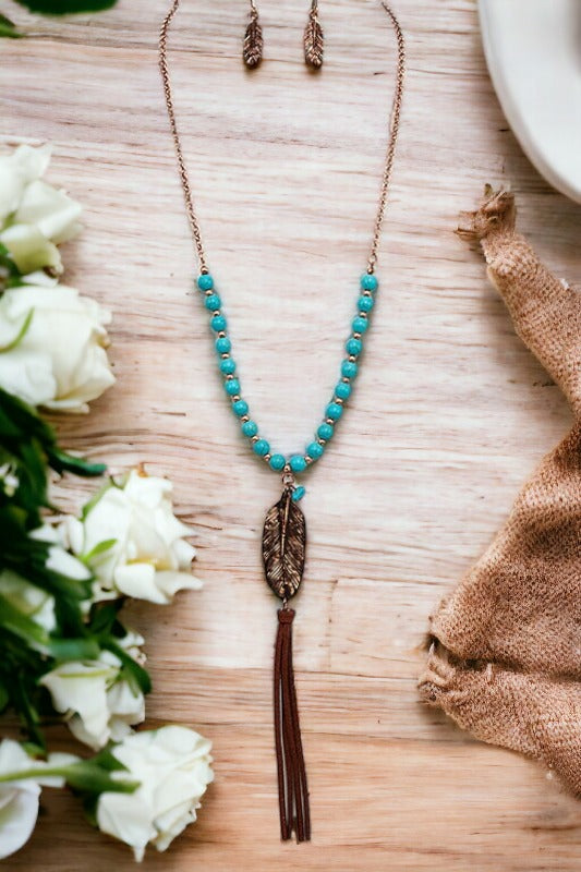 Leaf Etched Bead Long Necklace Set