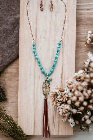 Leaf Etched Bead Long Necklace Set