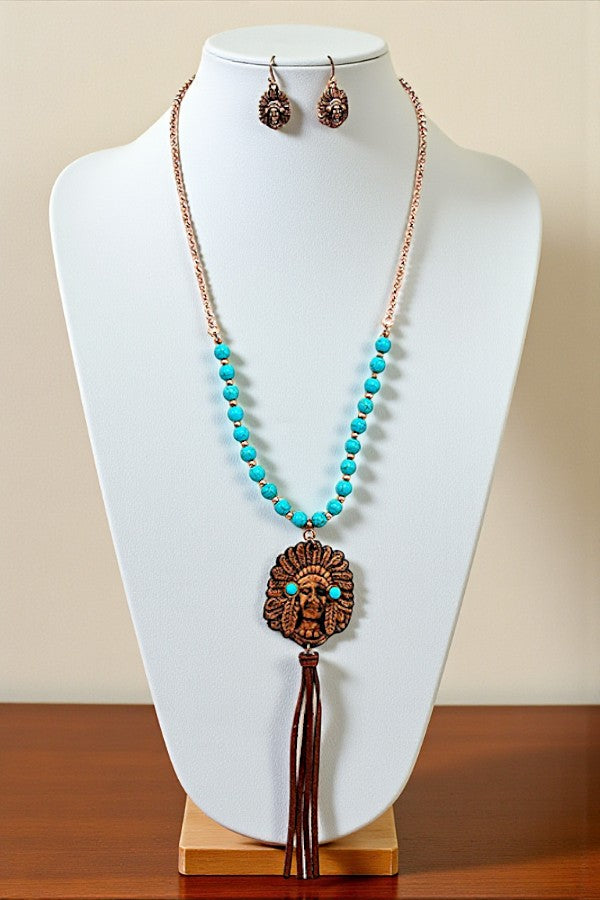 INDIAN CHIEF PENDANT BEADED NECKLACE SET