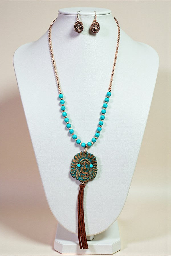 INDIAN CHIEF PENDANT BEADED NECKLACE SET