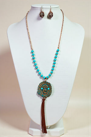 INDIAN CHIEF PENDANT BEADED NECKLACE SET