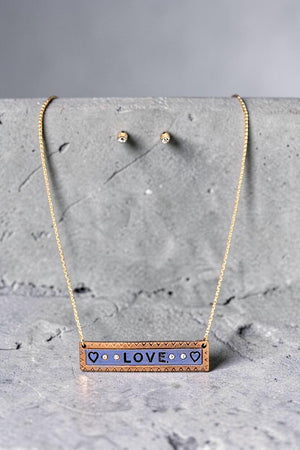 LOVE GEM ACCENT BAR PENDANT NECKLACE AND GEM STUD EARRING SET