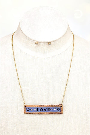 LOVE GEM ACCENT BAR PENDANT NECKLACE AND GEM STUD EARRING SET