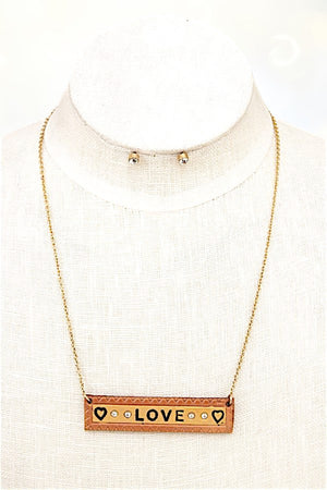 LOVE GEM ACCENT BAR PENDANT NECKLACE AND GEM STUD EARRING SET