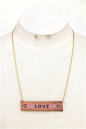 LOVE GEM ACCENT BAR PENDANT NECKLACE AND GEM STUD EARRING SET