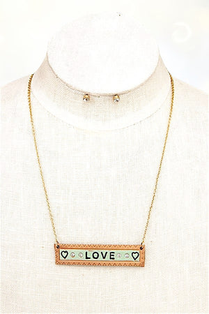 LOVE GEM ACCENT BAR PENDANT NECKLACE AND GEM STUD EARRING SET