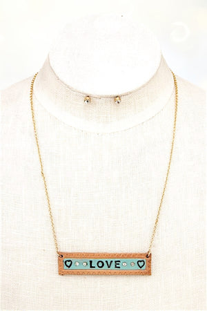 LOVE GEM ACCENT BAR PENDANT NECKLACE AND GEM STUD EARRING SET