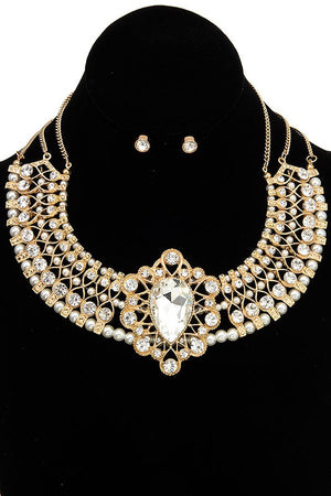 CRYSTAL GEM PAVE ORNATE BIB NECKLACE SET