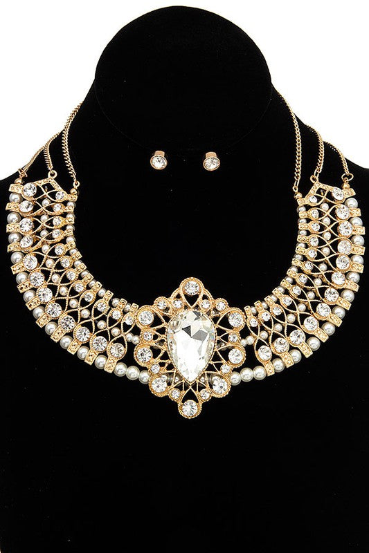 CRYSTAL GEM PAVE ORNATE BIB NECKLACE SET