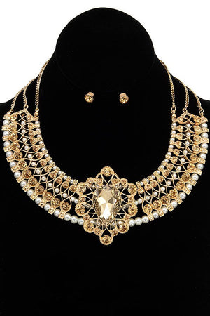 CRYSTAL GEM PAVE ORNATE BIB NECKLACE SET