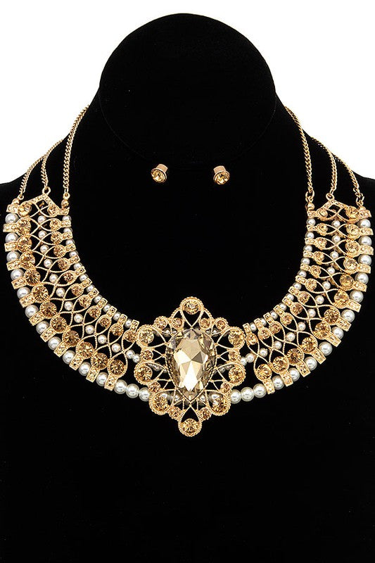 CRYSTAL GEM PAVE ORNATE BIB NECKLACE SET