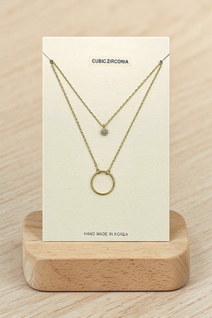 CZ STONE AND RING PENDANT LAYERED NECKLACE