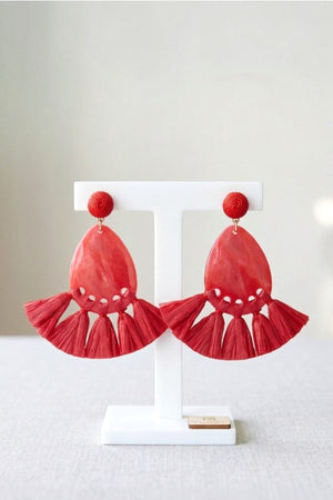 RED RAFFIA TASSEL OVAL DROP EARRING