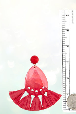RED RAFFIA TASSEL OVAL DROP EARRING