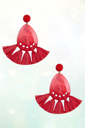 RED RAFFIA TASSEL OVAL DROP EARRING