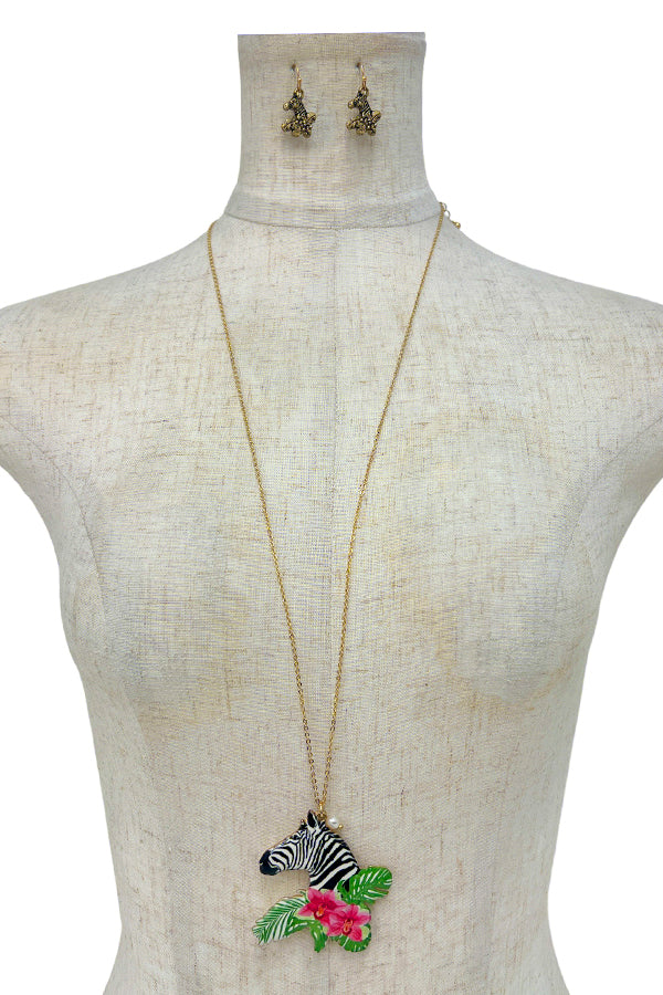 Zebra Pendant Long Necklace Set