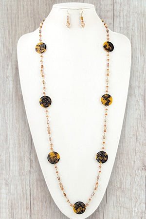 FILIGREE STATION BEAD LONG NECKLACE AND BEAD DANGLE EARRING SET