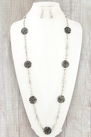 FILIGREE STATION BEAD LONG NECKLACE AND BEAD DANGLE EARRING SET