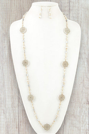 FILIGREE STATION BEAD LONG NECKLACE AND BEAD DANGLE EARRING SET