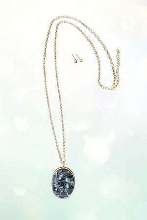 OVAL LUCITE PENDANT LONG NECKLACE AND BALL STUD EARRING SET