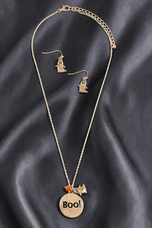 BOO DISK PENDANT NECKLACE AND GHOST DANGLE EARRING SET