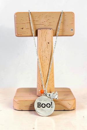 BOO DISK PENDANT NECKLACE AND GHOST DANGLE EARRING SET