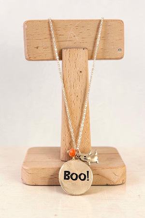 BOO DISK PENDANT NECKLACE AND GHOST DANGLE EARRING SET